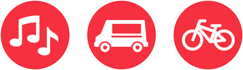 Three Red Circles With Microphone, Food Truck, And - Circle (800x231)