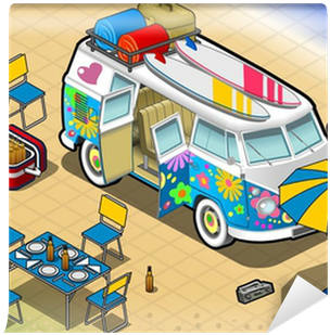 Isometric Rainbow Van In Camping In Front View Wall - Illustration (400x400)