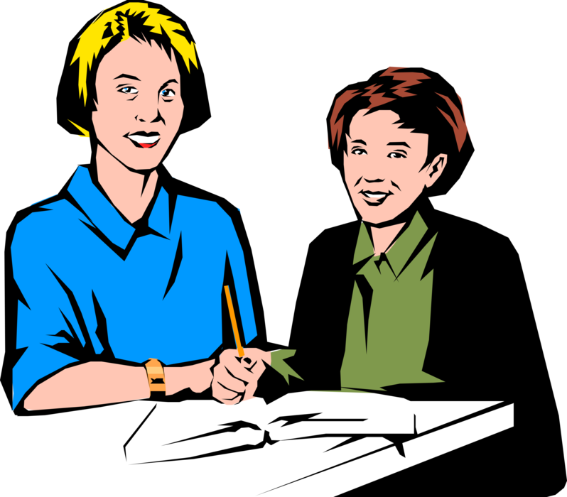 Vector Illustration Of Teacher And Student Review Homework - Cartoon (798x700)