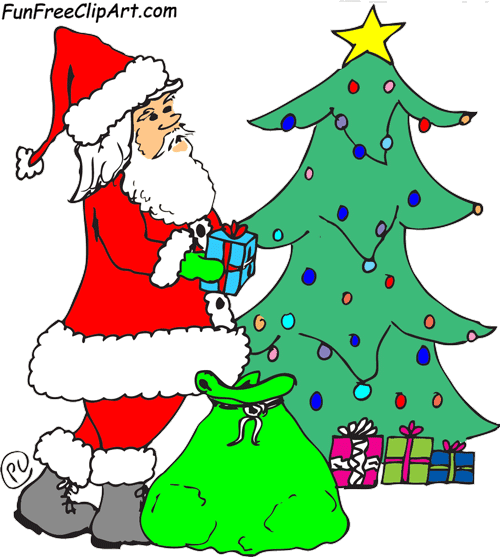 Santa Putting Presents Under The Christmas Tree Clipart - Draw A Christmas Tree With Santa (500x557)
