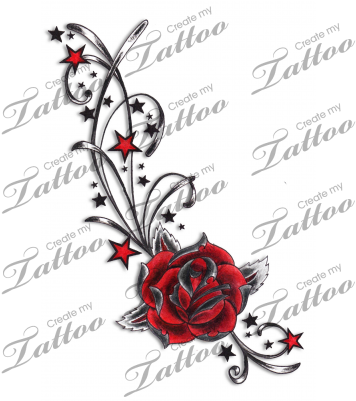 Marketplace Tattoo Red Rose, Stars & Swirls Tattoo - 3 Name Tattoo Ideas (400x400)