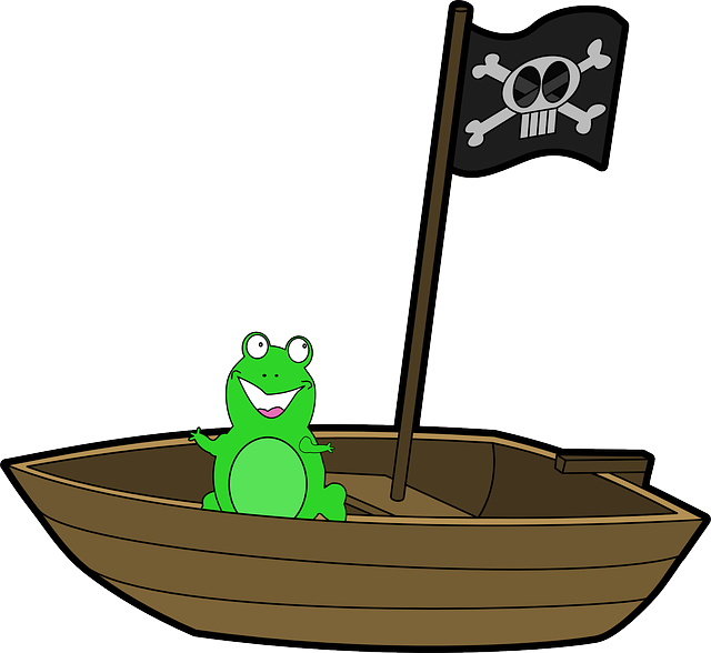 Boat, Frog, Smiling, Green, Pirate, Flag, Skull - Frog In A Boat (640x588)