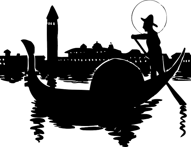 City, Silhouette, Cartoon, Italy, Italian, Boat - Venice Clipart (640x491)