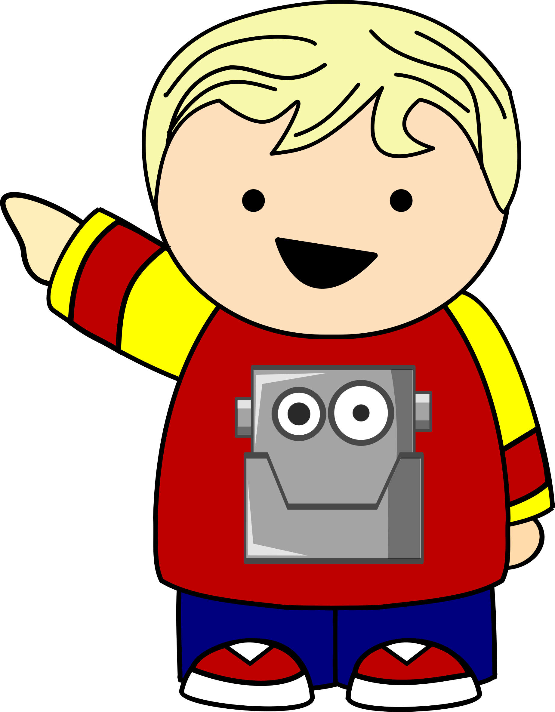 Kid In Robot Shirt - Kid Pointing Clipart (1845x2367)