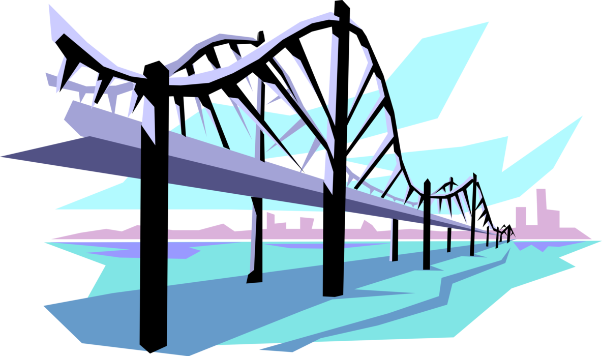 Vector Illustration Of Suspension Bridge Crosses Open Vector