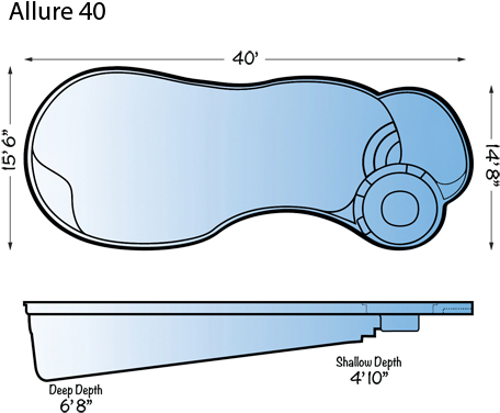Allure 40 Fiberglass Pool Line Drawing From Signature - Pool Sun Shelf Depth (460x410)