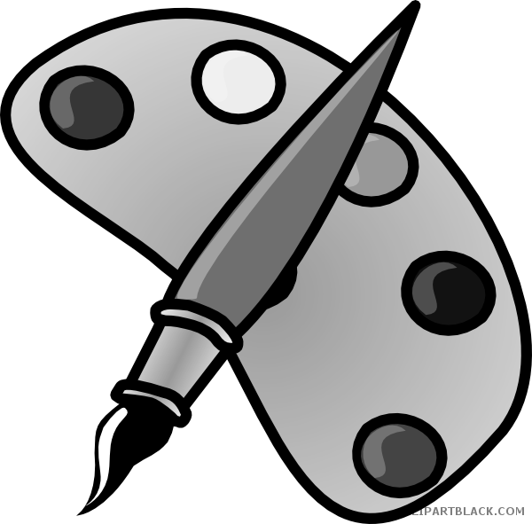 Paintbrush And Palette Tools Free Black White Clipart - Paint And Brush Cartoon (600x591)