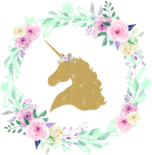 Gold Glitter Unicorn Center Floral Wreath Iron On - Gold Glitter Unicorn Png (530x530)