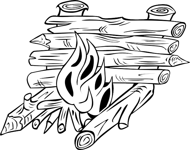 Reflector Fire, Cooking, Camp, Campfires, Cranes, Reflector - Coloring Pages Log (640x504)