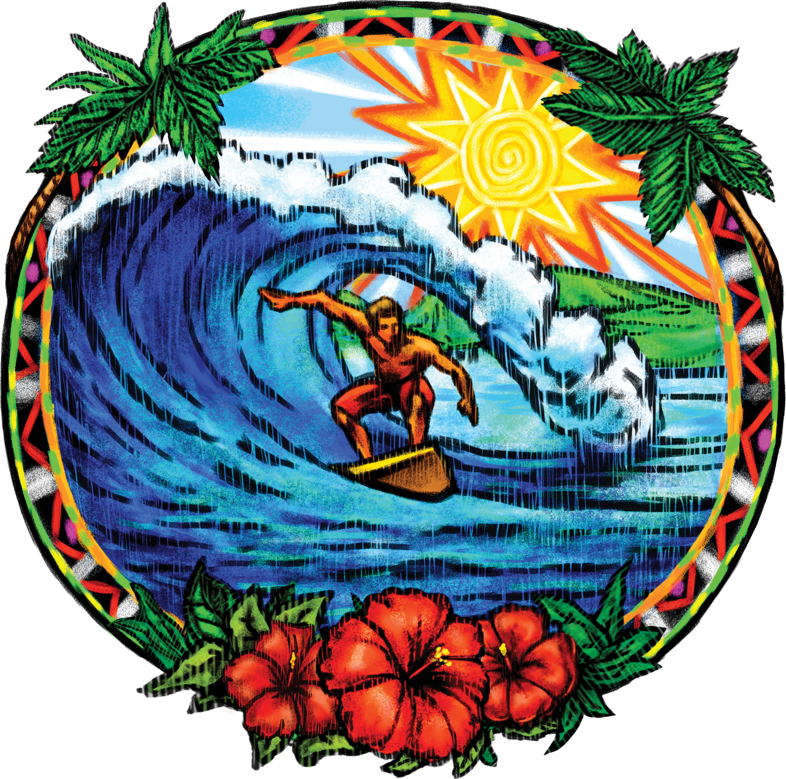 Luau Vacation - Hawaiian Surfing Tropical Cutout Vinyl Sticker Tiki (2500x2477)