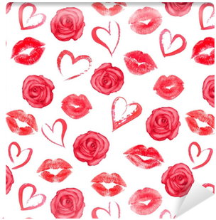 Seamless Pattern With Roses, Hearts And Trace Lips - Kisses And Hearts (400x400)