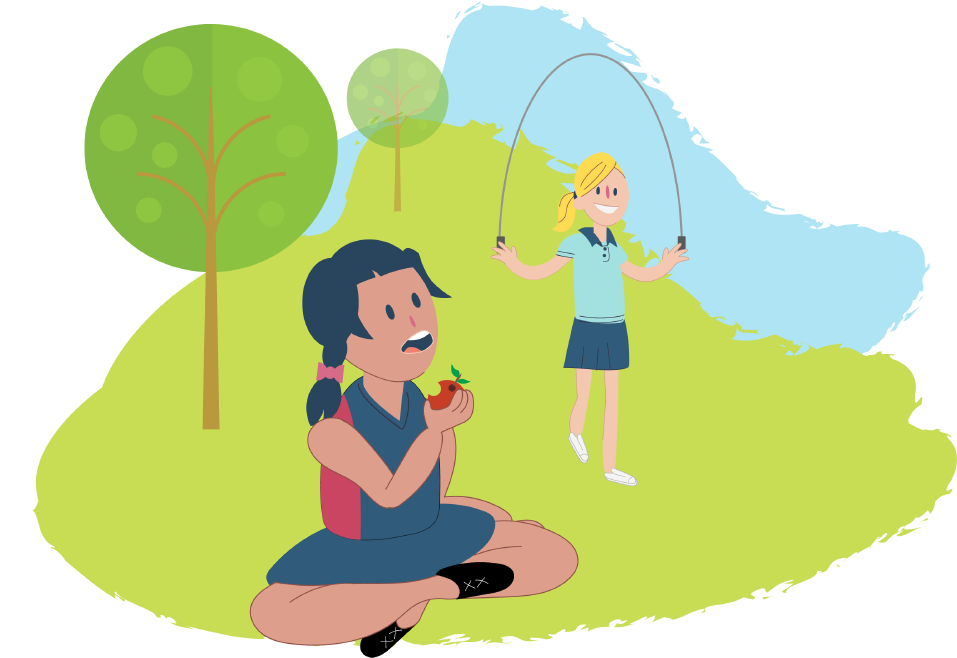 One Is Sitting Down Eating An Apple, The Other Is Skipping - Sitting (1000x692)