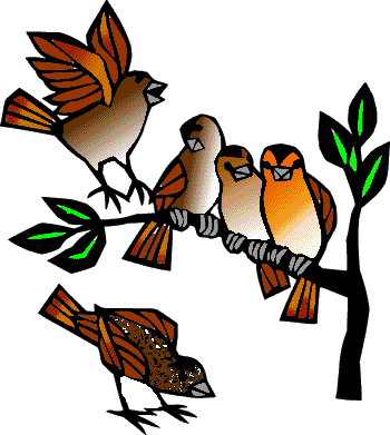 Four Sparrows Sitting On Tree Branch, One More On Ground - Third Sunday After Pentecost (350x391)