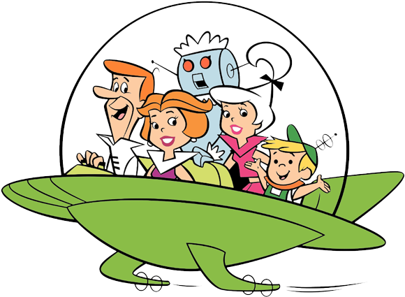 Jane, Elroy, Rosie, Judy In Flying Ship - Jetsons Png (600x438)