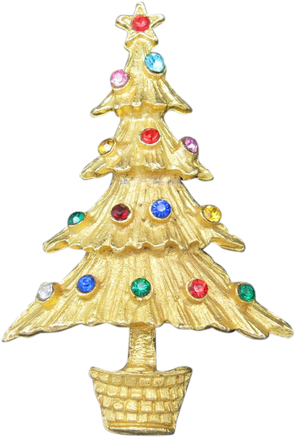 Christmas Tree Pin Gold Tone Rhinestones Vintage - Gold (864x864)