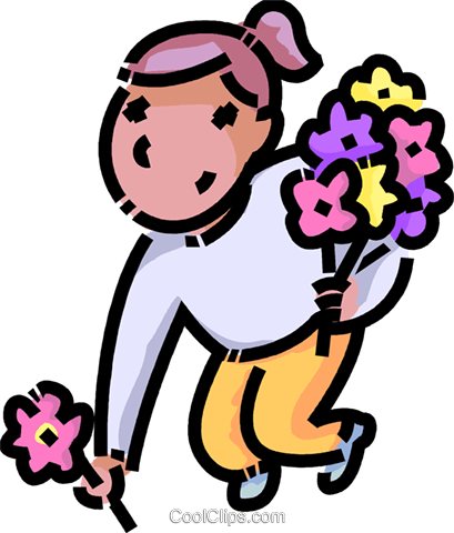 Girl Picking Flowers Royalty Free Vector Clip Art Illustration - Flower Picking Png (409x480)
