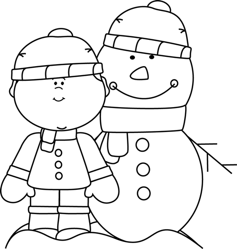 Black And White Boy With Snowman Clip Art - Clip Art (476x500)