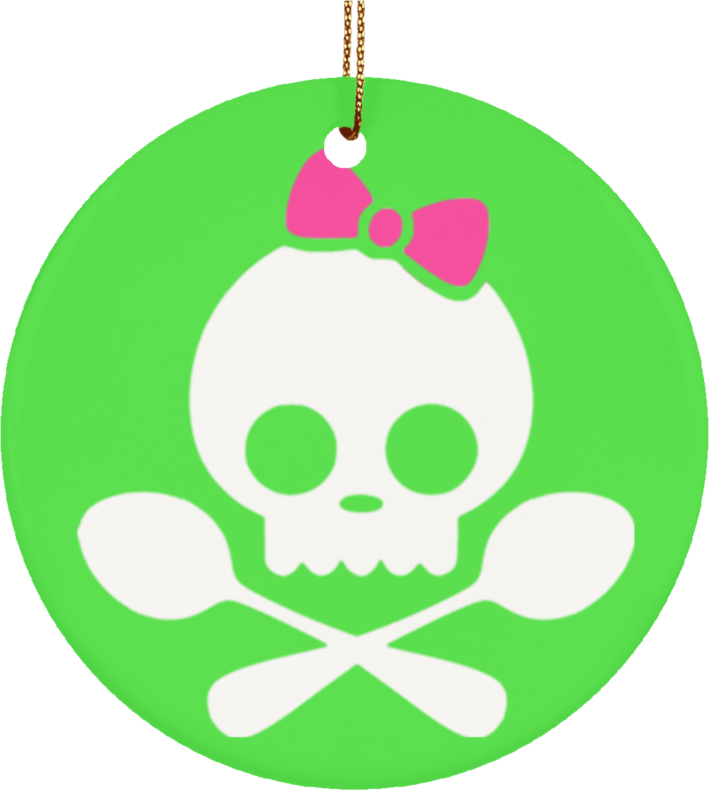Spoonie Skull Pink Bow Ceramic Circle Ornament - Spoonie Skull Womens Long Sleeve Vneck (1155x1155)