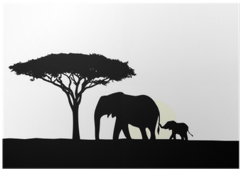 African Elephant With Baby Silhouette Poster • Pixers® - Elephants (400x400)