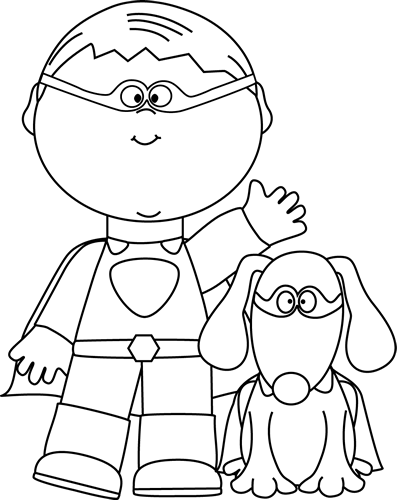 Black And White Boy Superhero And Dog Clip Art - Boy Pet Clipart Black And White (397x500)