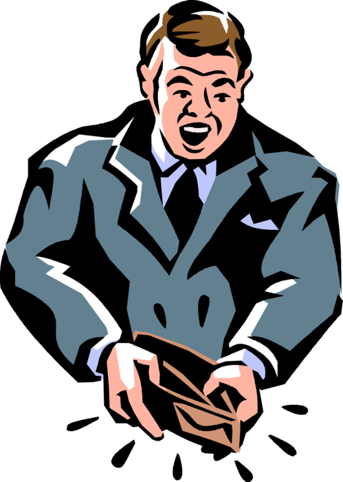 Man With An Empty Wallet Royalty Free Vector Clip Art - Man Opening Wallet Clipart (499x700)