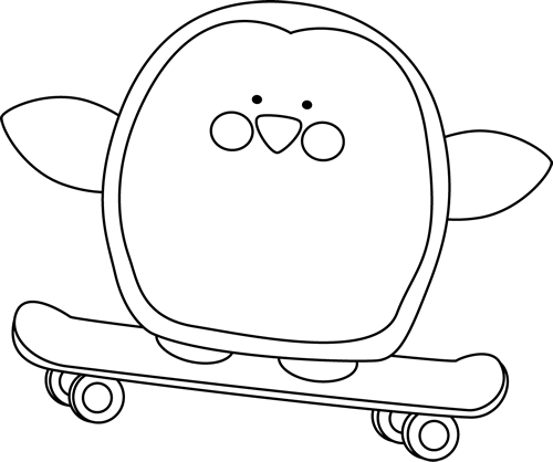 Black And White Penguin On A Skateboard Clip Art - Line Art (500x418)