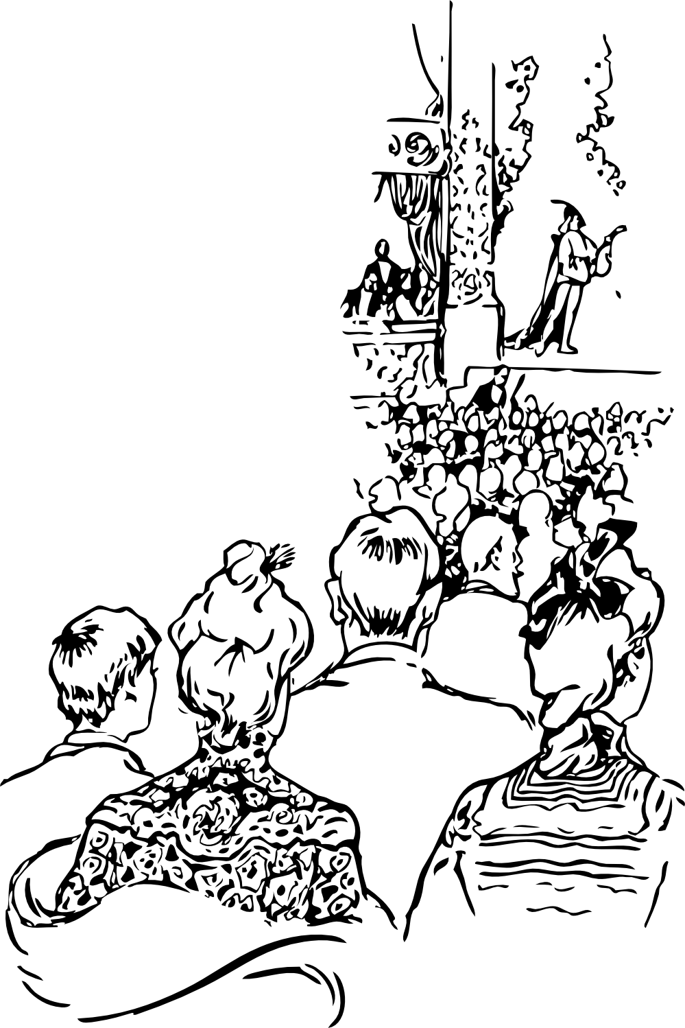 At The Theater Black White Line Art 999px 280 - Play Theatre Clipart Black And White (999x1498)