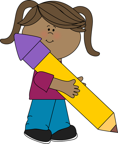 Girl Holding A Big Yellow Pencil Clip Art - Girl Holding Pencil Clipart (411x500)