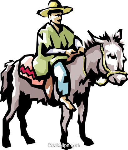 Coffee Picker On A Jackass Royalty Free Vector Clip - Man Riding A Donkey (410x480)
