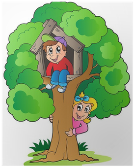 Poster Arbre Avec Deux Enfants De Dessin Animé • Pixers® - Garden Pictures To Draw (400x400)