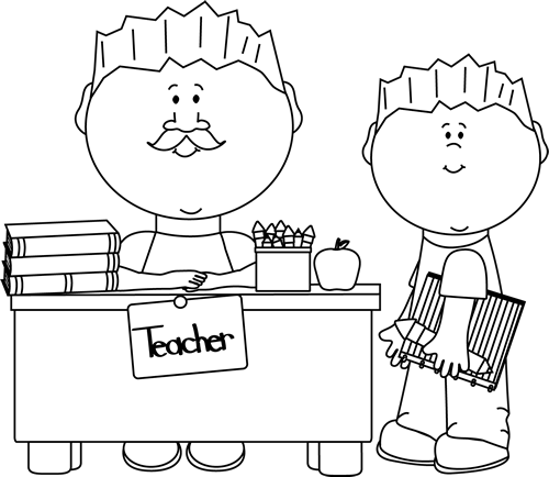 Black And White Male Teacher And Student - Male Teacher Teacher Clipart Black And White (500x434)