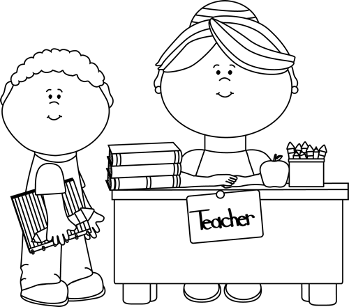 Black And White Boy Student At Teacher's Desk - Teacher Clipart Black And White (500x441)