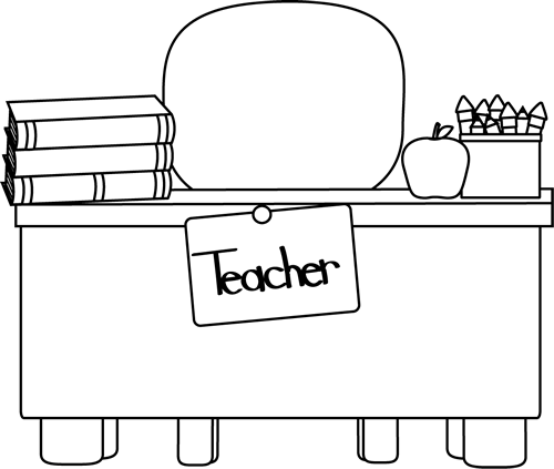 Back And White Teacher's Desk - Teacher And Students Coloring Pages (500x423)