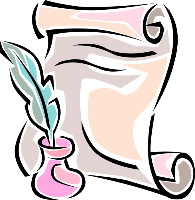 Vector Illustration Of Feather Quill Pen With Parchment - Graduation Clipart (684x700)