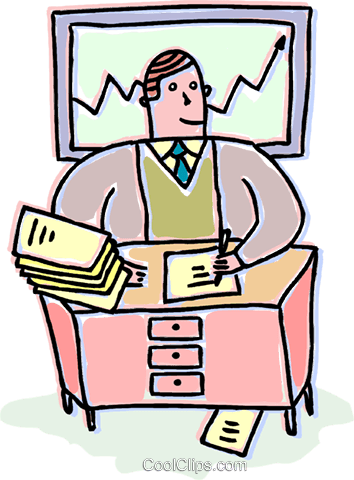 Empresário Trabalhando Em Sua Mesa Livre De Direitos - Cartoon (354x480)