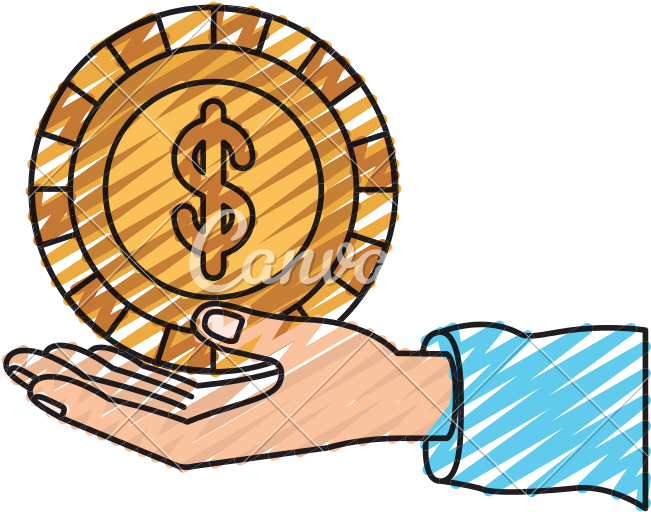 Color Crayon Silhouette Hand Palm Giving A Coin With - Vector Graphics (800x800)