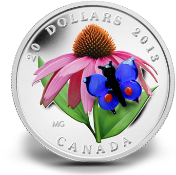 Butterfly Blue On Purple Coneflower Silver Coin Venetian - 2013 Fine Silver 20 Dollar Coin - Purple Coneflower (388x371)