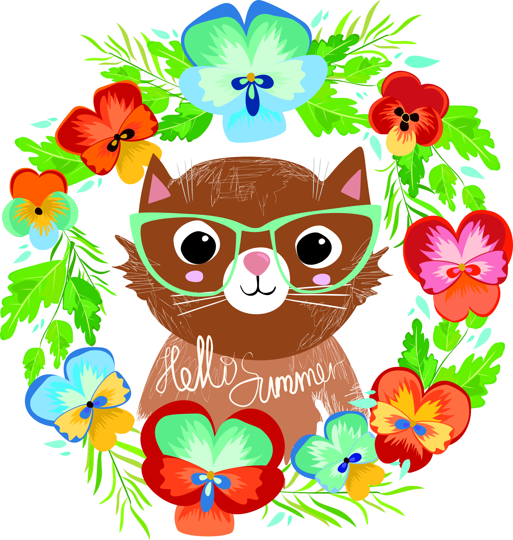 Cat Kitten Floral Design Illustration - Cat Flowers Vector (1769x1862)
