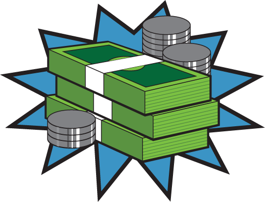 Stacks Of Bills And Coins On A Blue Background For - Comic Book Pow (524x400)
