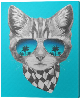 Cuadro En Lienzo Retrato Dibujado Mano Del Gato Con - Cat Wearing Sunglasses Drawing (400x400)