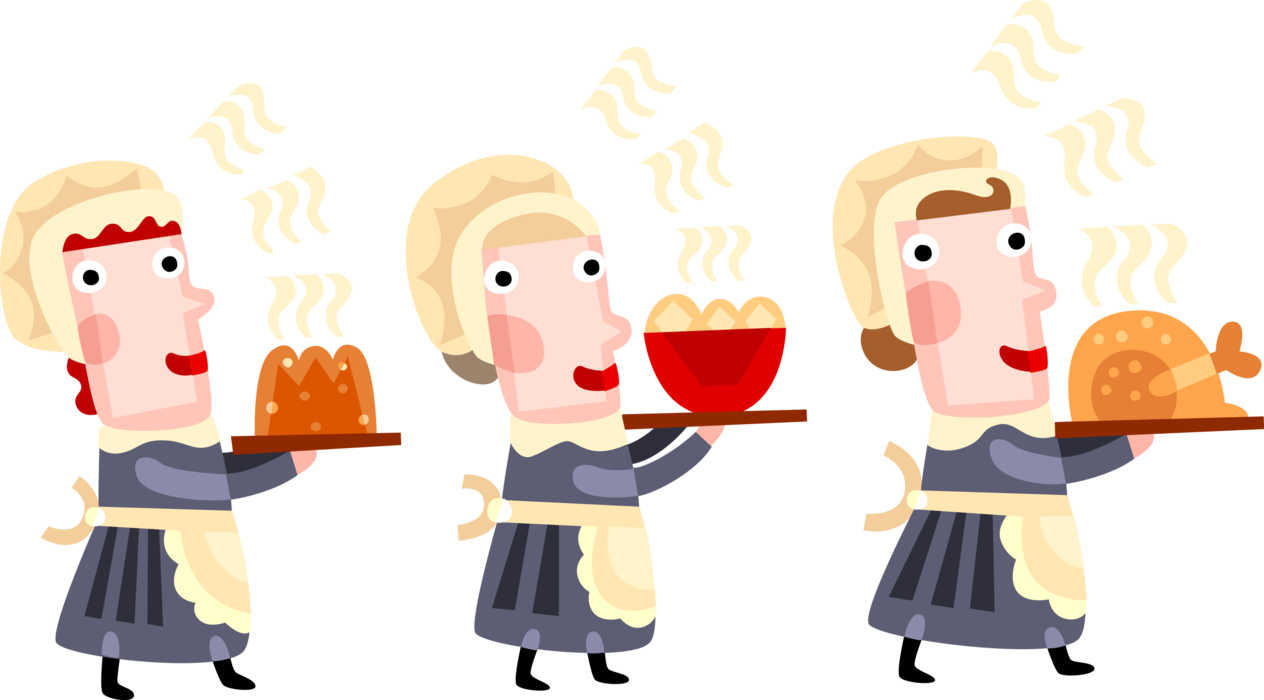 Vector Illustration Of Pilgrim Pioneer Women Serve - Clip Art (1264x700)