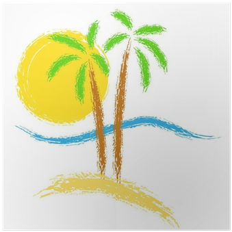 Póster Palmeras Tropicales En La Isla Con El Mar - Vector Graphics (400x400)