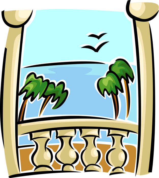 Vector Illustration Of Ocean View From Balcony With - Vector Illustration Of Ocean View From Balcony With (625x700)