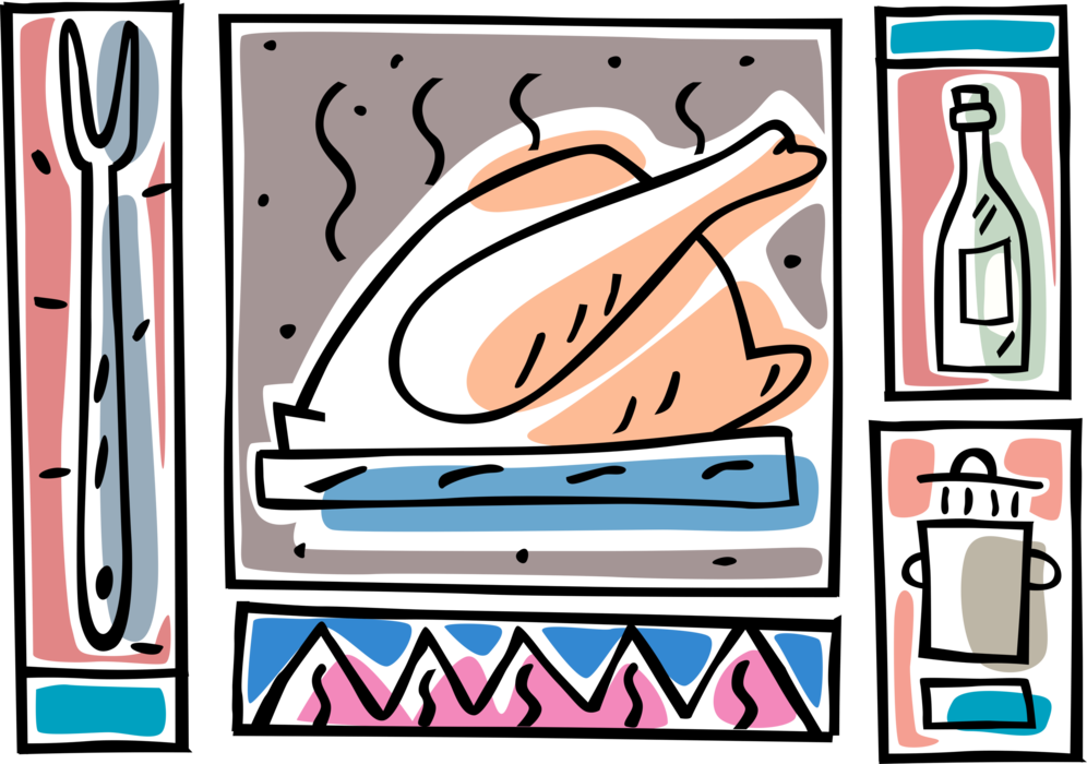 Vector Illustration Of Roast Turkey Poultry With Kitchenware - Vector Illustration Of Roast Turkey Poultry With Kitchenware (996x700)