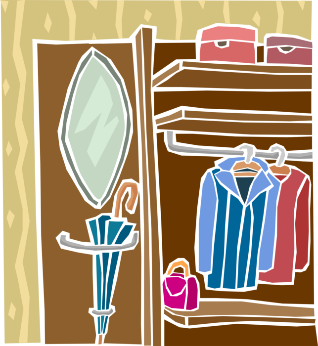 Vector Illustration Of Clothes Closet With Garments - Closet Clipart (643x700)