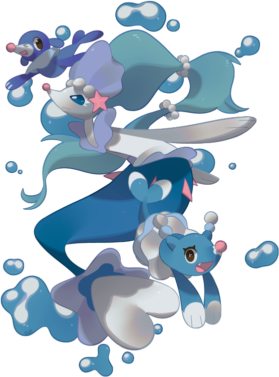 Popplio, Brionne, And Primarina - Cartoon (640x766)