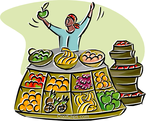 Merchant Selling Fruits And Vegetables Royalty Free - Market Economics Clipart (480x400)