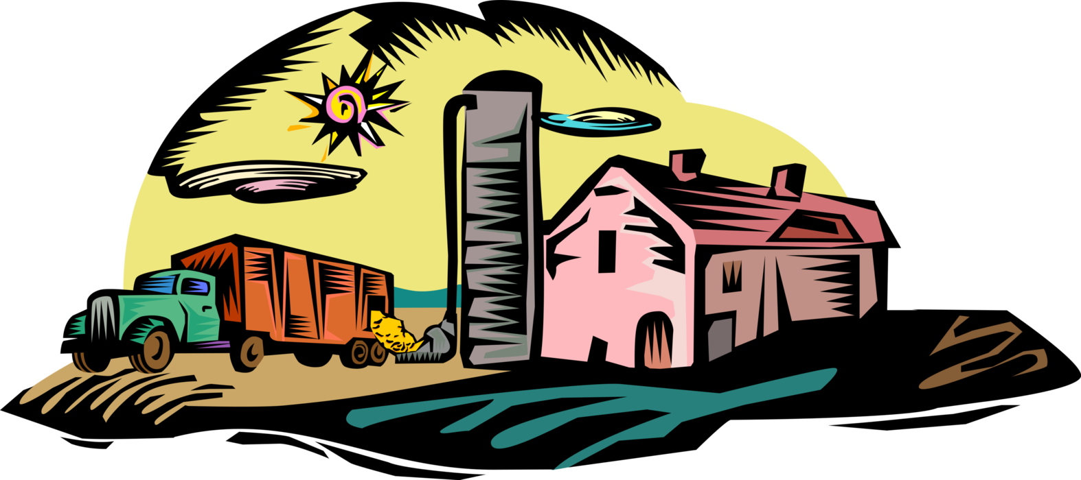 Vector Illustration Of Farm Vehicle Unloading Grain - Illustration (1574x700)