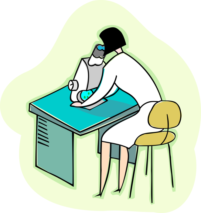 Vector Illustration Of Laboratory Technician At Desk - Sitting (662x700)