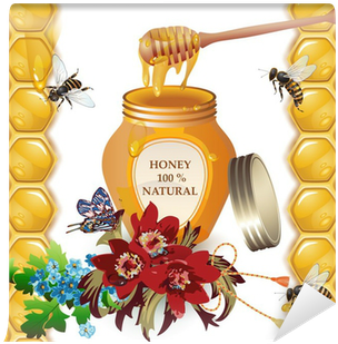 Jar Of Honey With Wooden Dipper, Bees, Cornflowers - Honey (400x400)